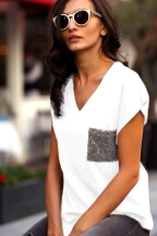 Μαύρη βαμβακερή μπλούζα με ασημί παγιέτα μπροστά