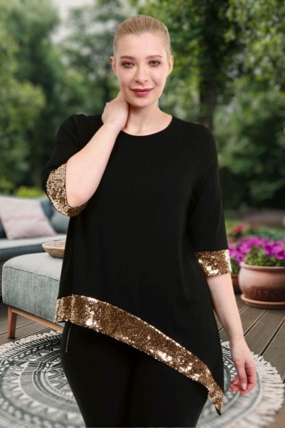 Μαύρη Ασύμμετρη Μπλούζα Με Χρυσές Παγιέτες στο τελείωμα και στις μανσέτες