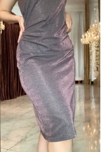 Γυναικείο κοντομάνικο midi φόρεμα γκρι με μωβ glitter