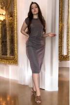 Γυναικείο κοντομάνικο midi φόρεμα γκρι με μωβ glitter