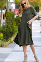 Μακρύ βαμβακερό φόρεμα με τσέπες σε χακί - μολύβι σιλουέτα