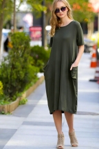 Μακρύ βαμβακερό φόρεμα με τσέπες σε χακί - μολύβι σιλουέτα